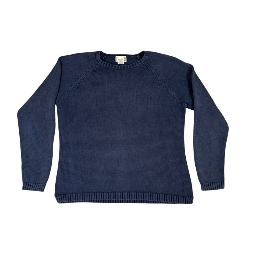 LL Bean Womens Large Regular Navy Blue 100% Cotton Raglan Crewneck Sweater